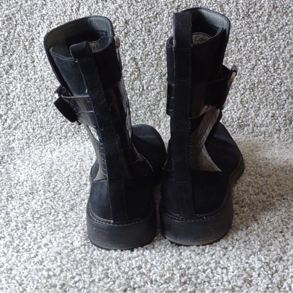 Calvin Klein Black Suede Side Zip Harness Mid Calf Boots Men's 8M EUC - Picture 4 of 8
